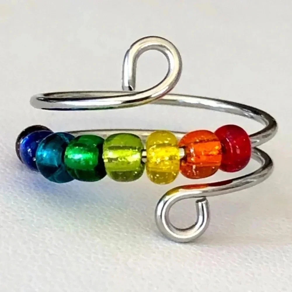 Silver Adjustable Handmade Rainbow Bead Fidget Ring